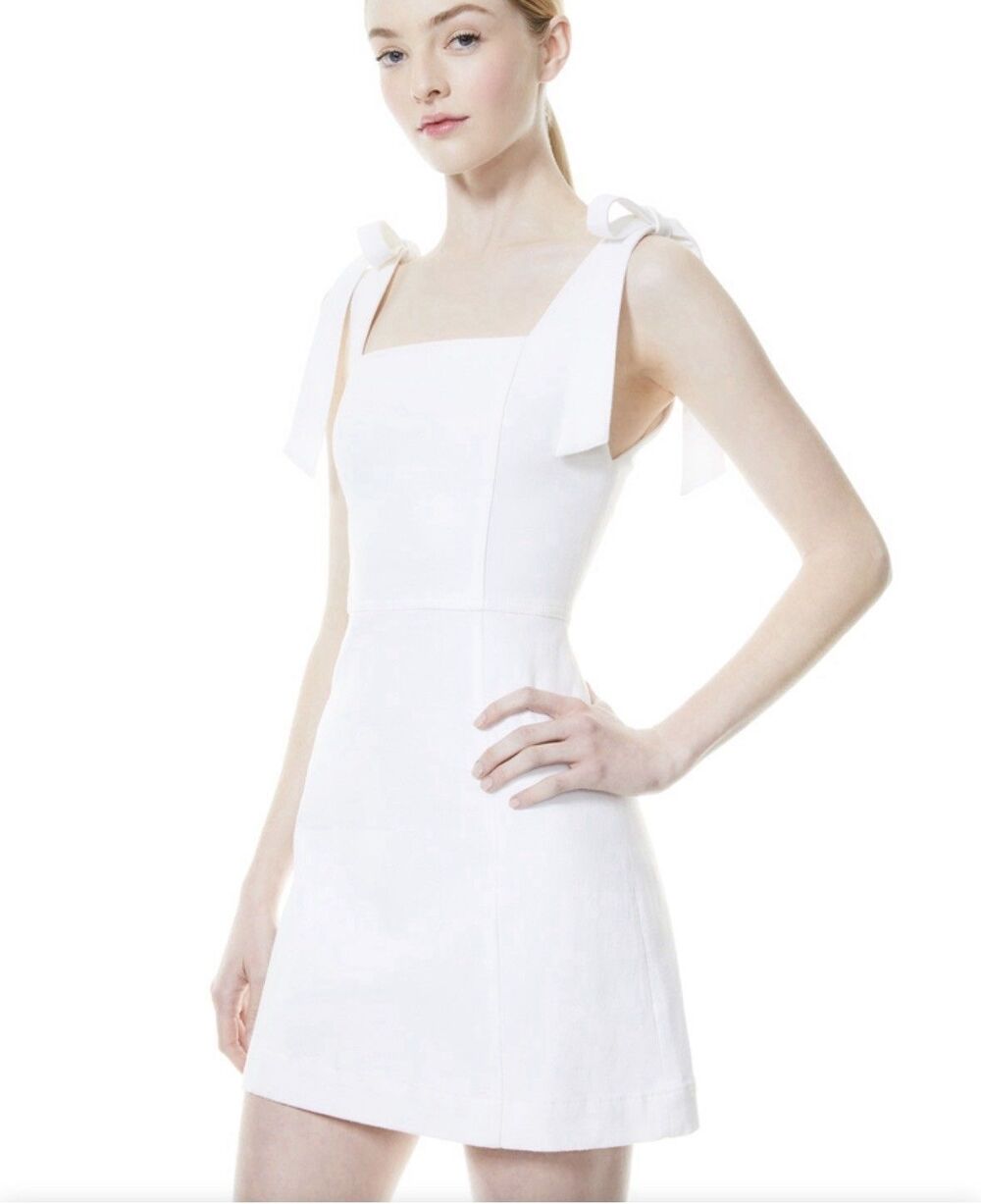 Alice + Olivia Maryann Sz 10 Tie Shoulder Mini Dress White Denim Stretch MRS$330